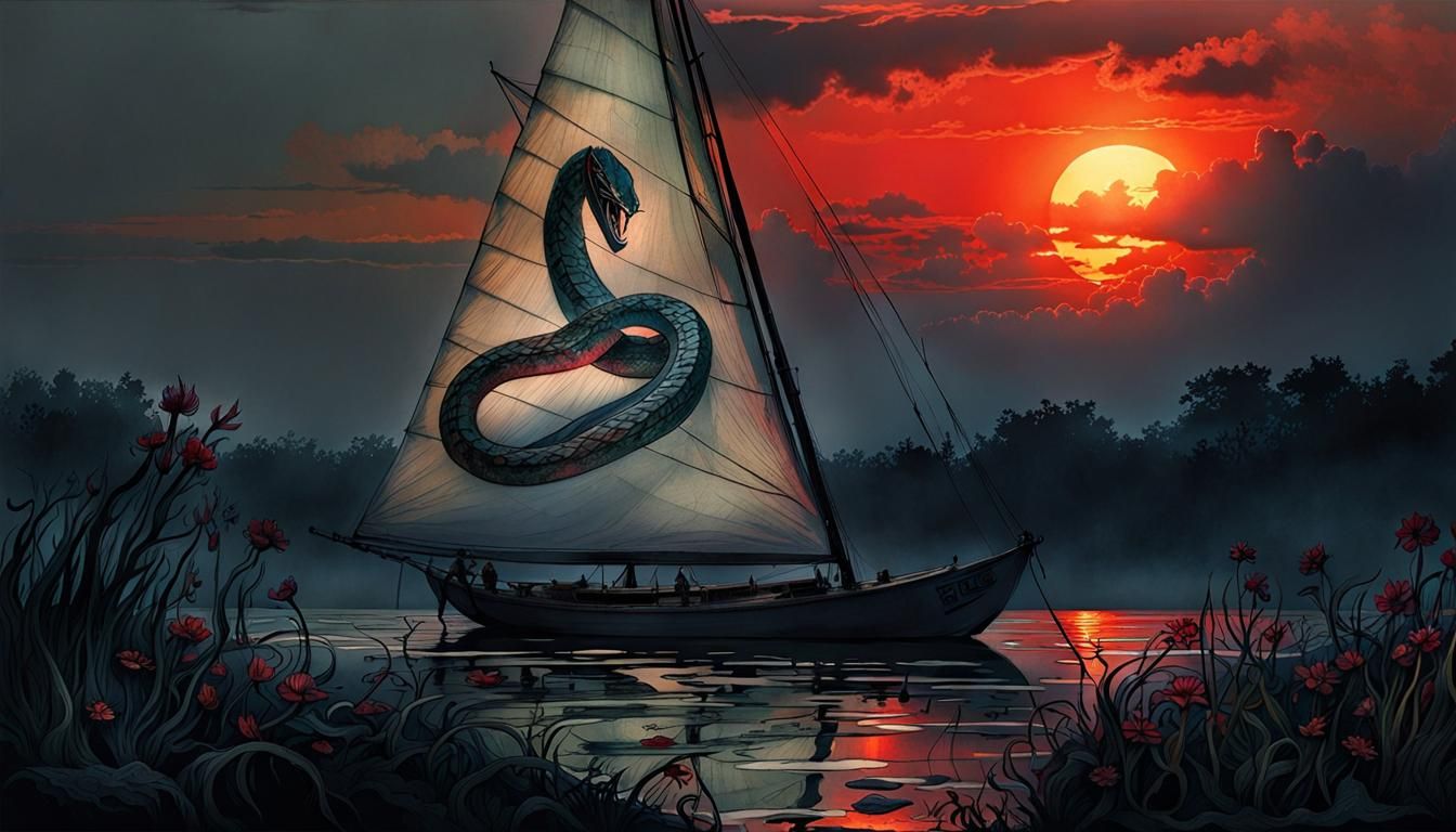 Snake Tattooed Sailboat at Sunset: Color Print Art