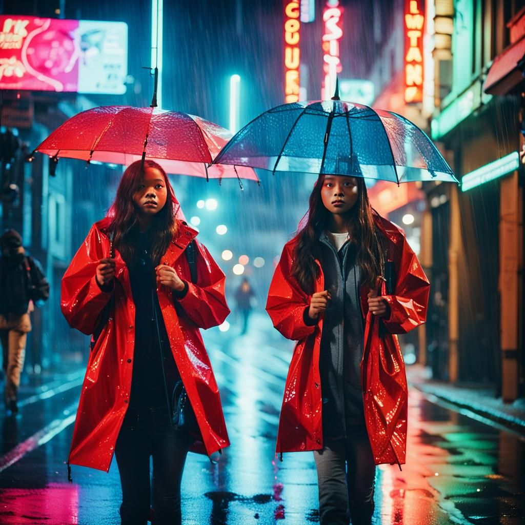 Rainy City Night: Two Women Under Umbrella