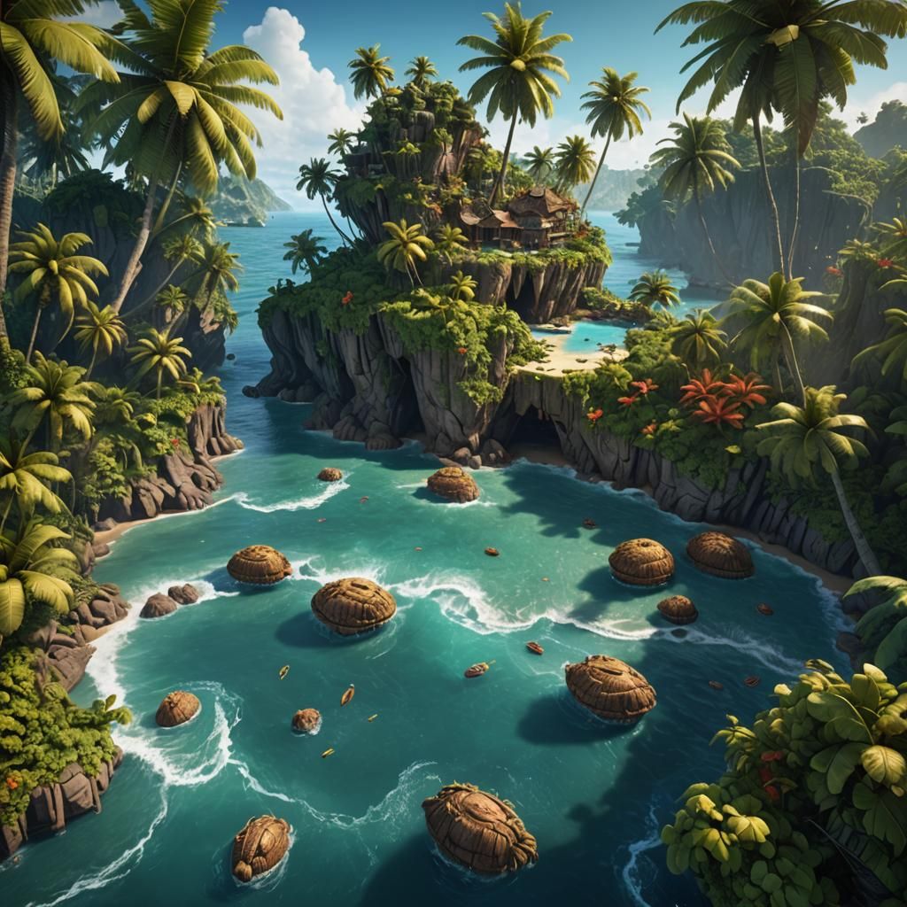 Mysterious Floating Island with Coconuts, Fantasy Art