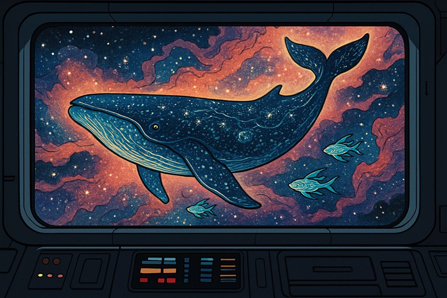 Bioluminescent Space Whale in Japanese Woodblock Style