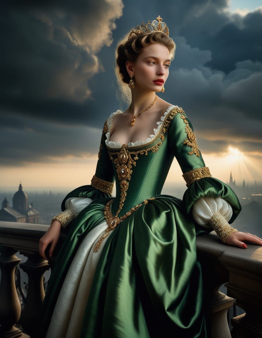 Anna Henrietta in Baroque Elegance, Overlooking a Misty City...