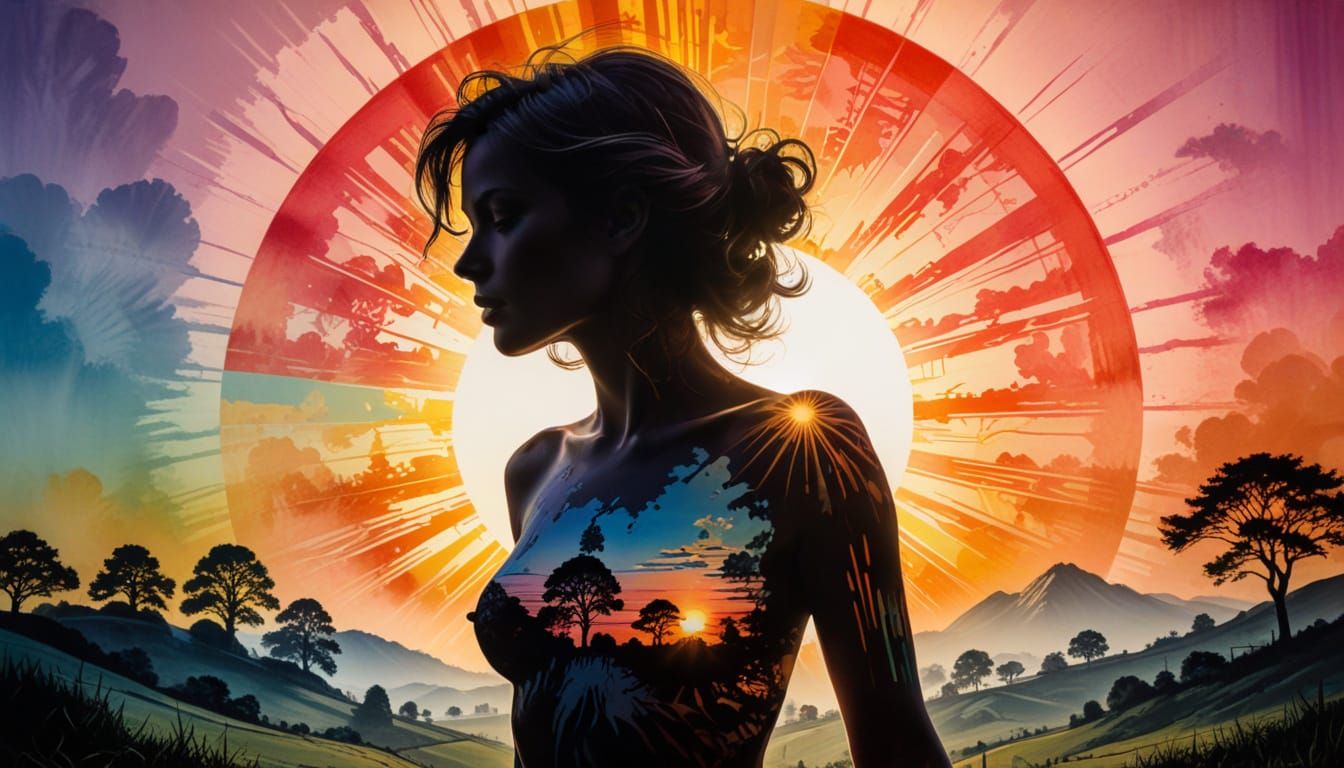 Ethereal Female Form Illuminated by Radiant Sunburst