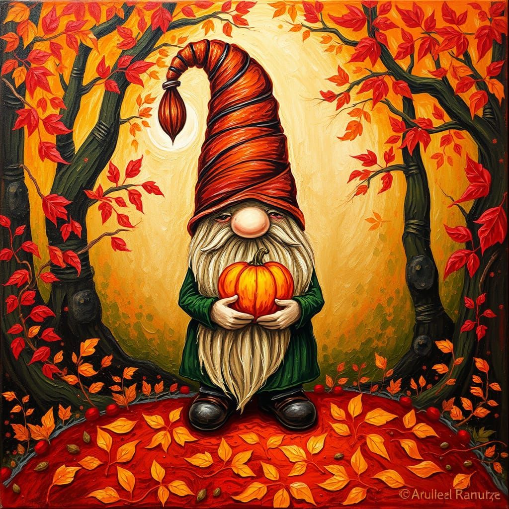 Gnome with Pumpkin in Autumn Forest: Impasto Acrylic Paintin...