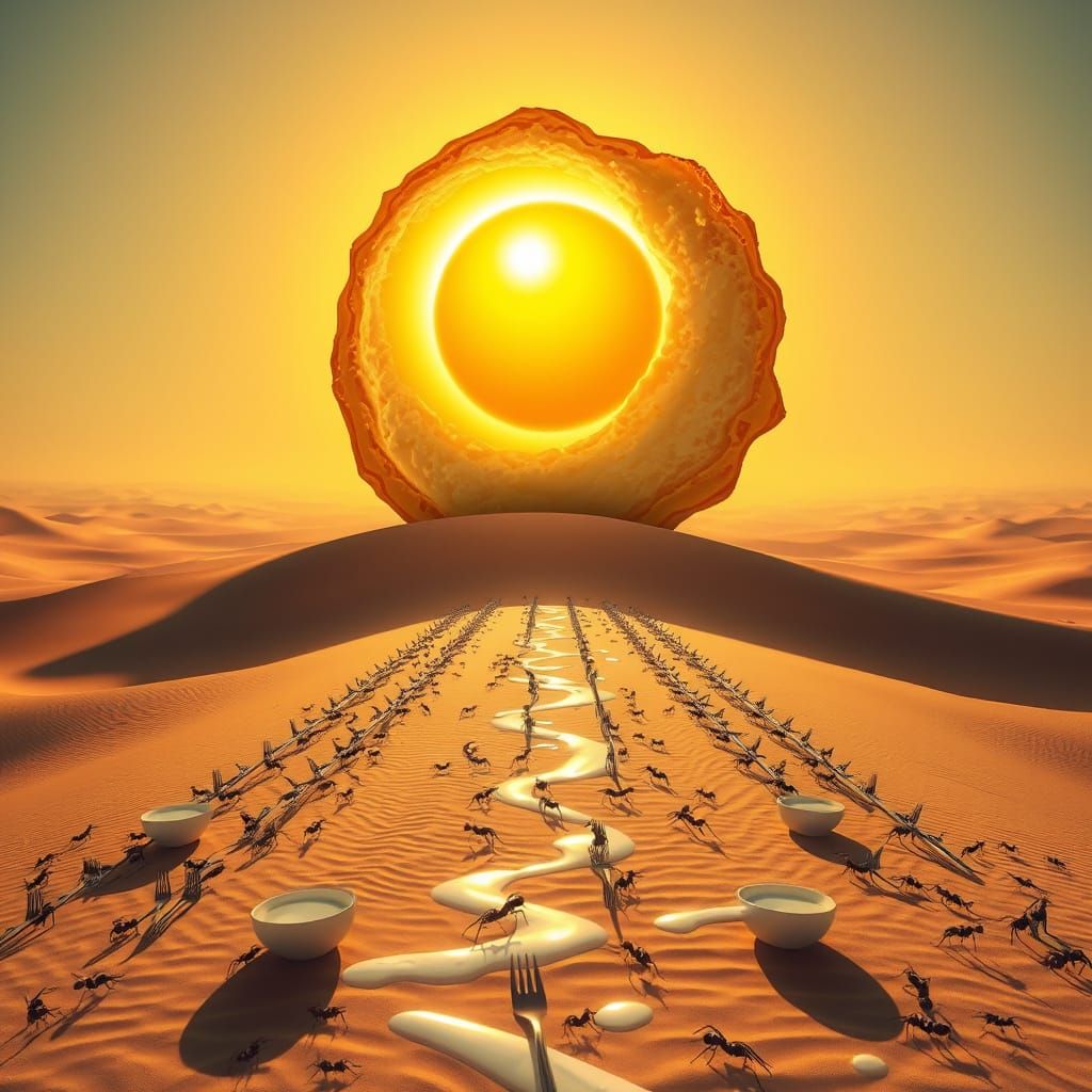 Giant Fried Egg Eclipses Sun in Surreal Desert
