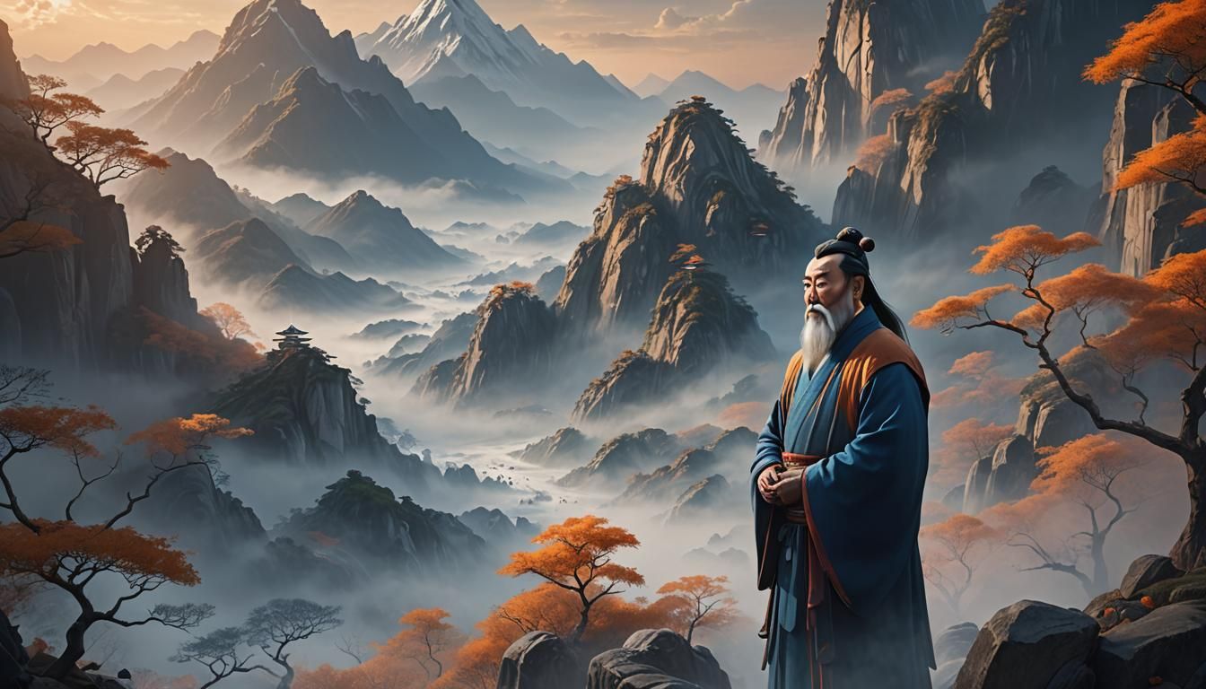 Confucius in Misty Mountains, Fantasy Concept Art