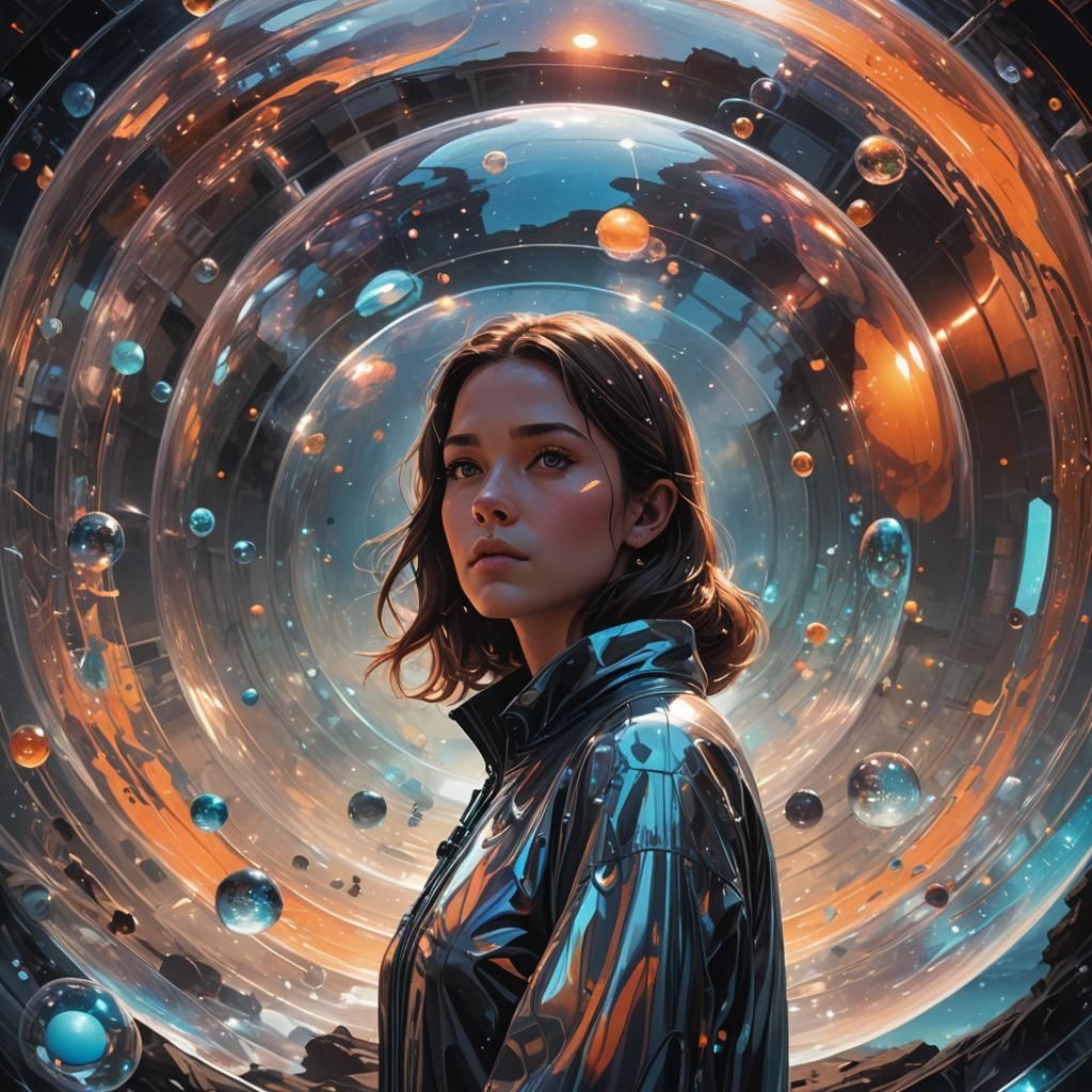 Woman in Bubble Universe: Surreal Concept Art