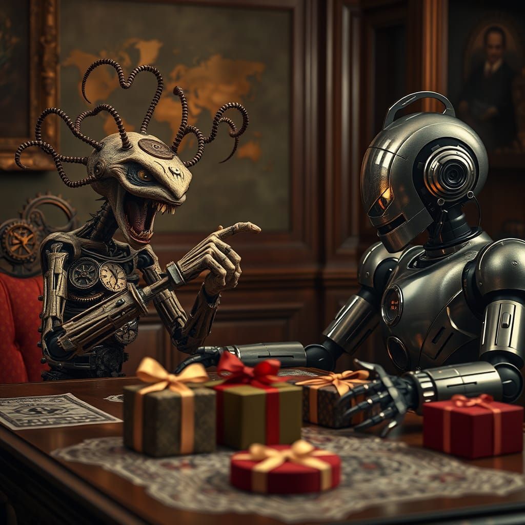 Clockwork Creature Argues with Robot