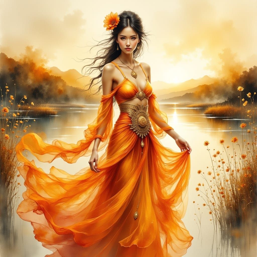 Watercolor Woman in Burnt-Orange Ensemble