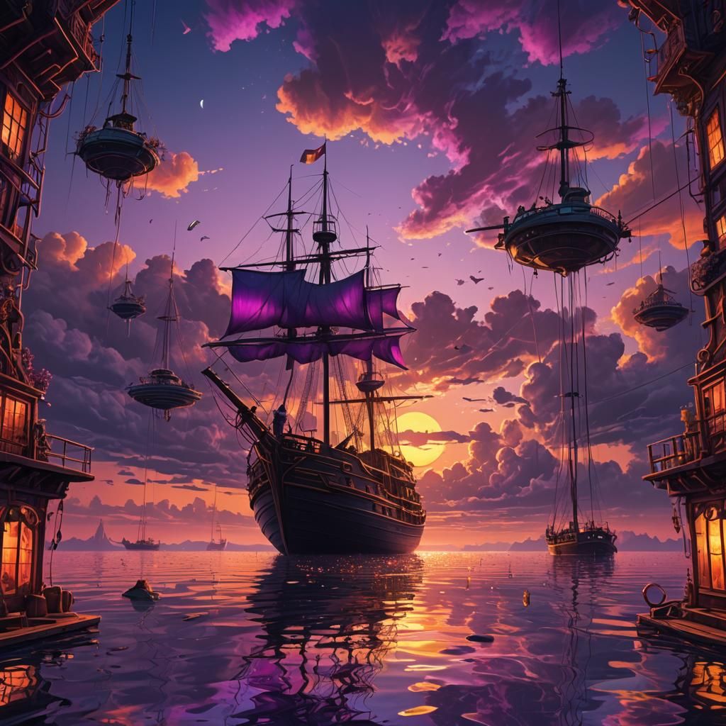 Sailboat on Surreal Mirrored Lake at Neon Sunset