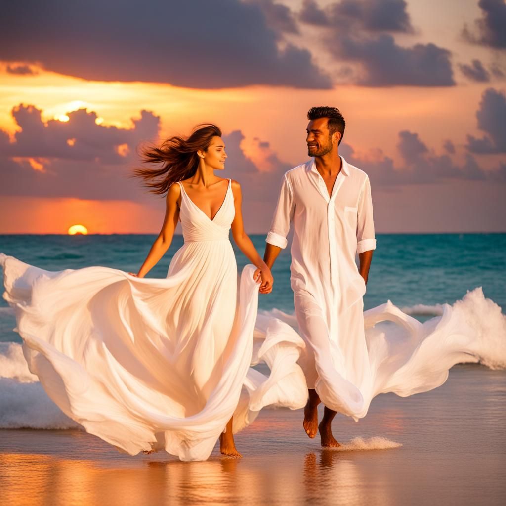 Romantic Beach Walk at Sunset in the Maldives