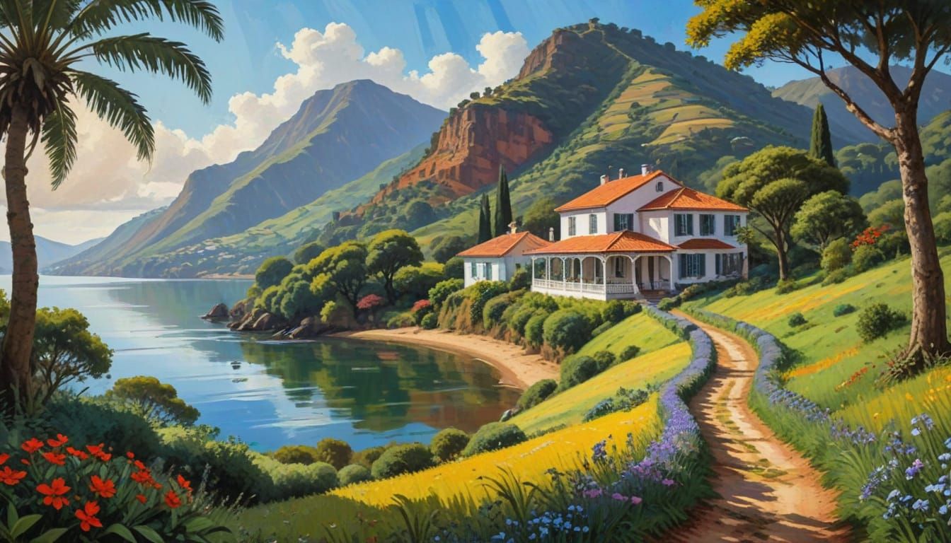 Wooden Path Over Serene Lake Towards Untouched Realm