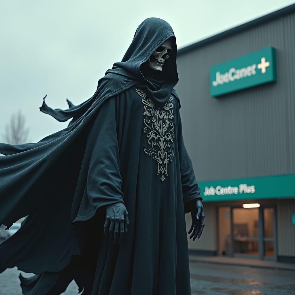 Grim Reaper Outside Job Center in Dark Fantasy Style