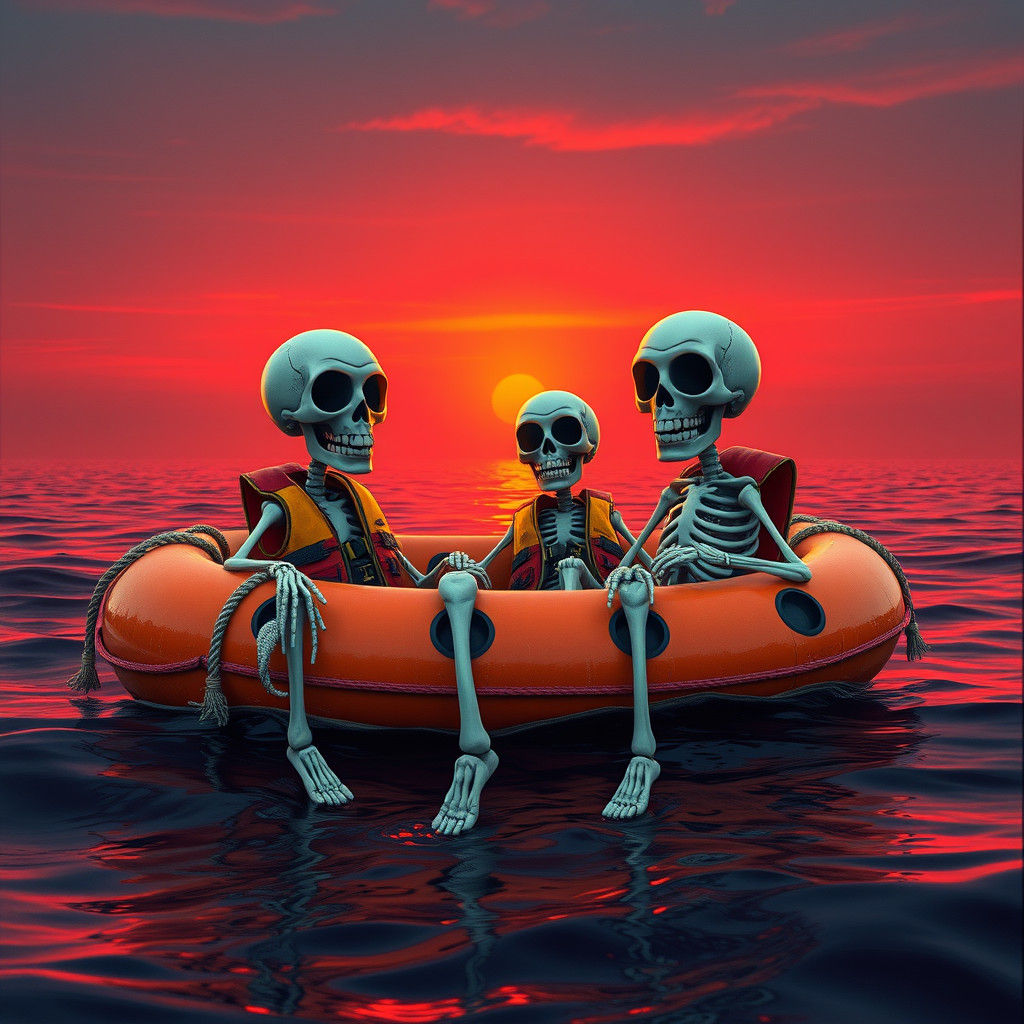 Cute skeletons are sitting inside an inflatable life boat. Floating on the blood ocean at sunset. Hyperealistic.