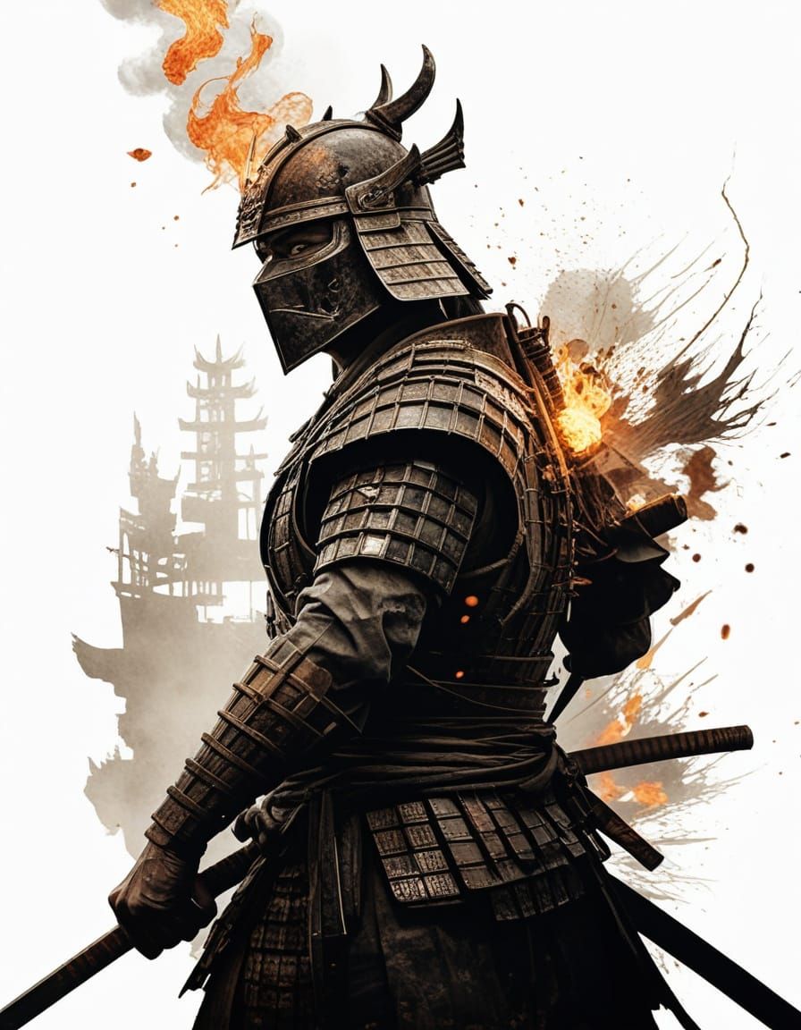 Imposing Shogun Double Exposure Photograph on White