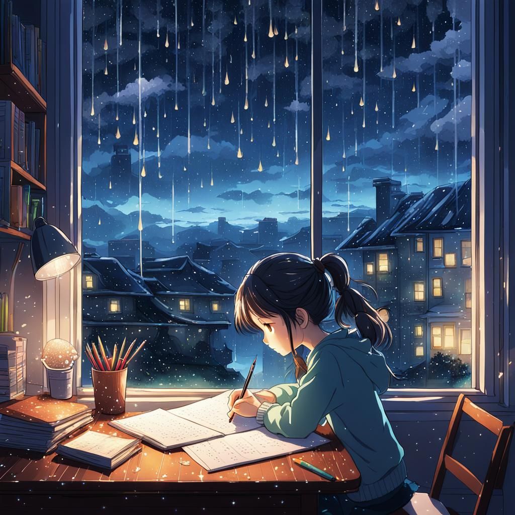 Girl Doing Homework on Rainy Day, Anime Style