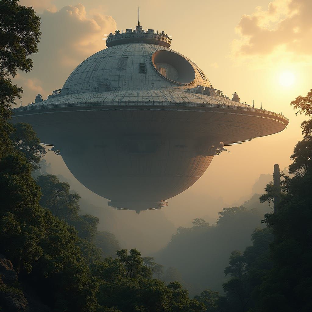 Armored Death Star Orbiting Jungle Planet in Hyperrealism
