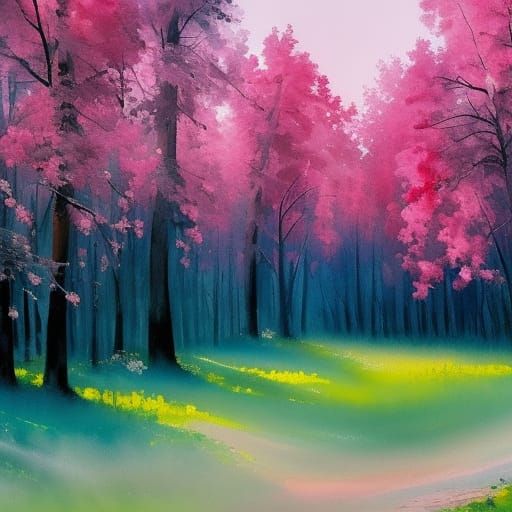 Pink Forest in Gouache Style Watercolor