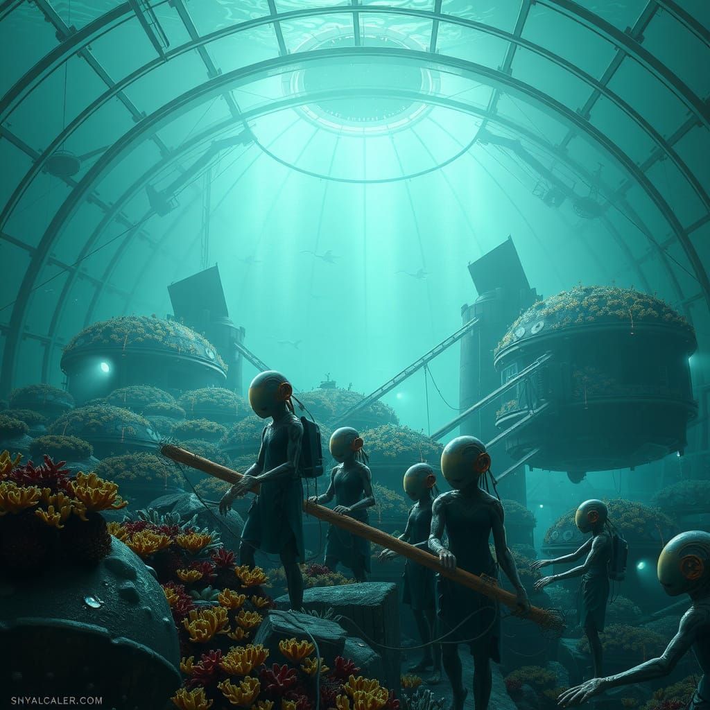 Bustling Underwater City Inside Bioluminescent Dome