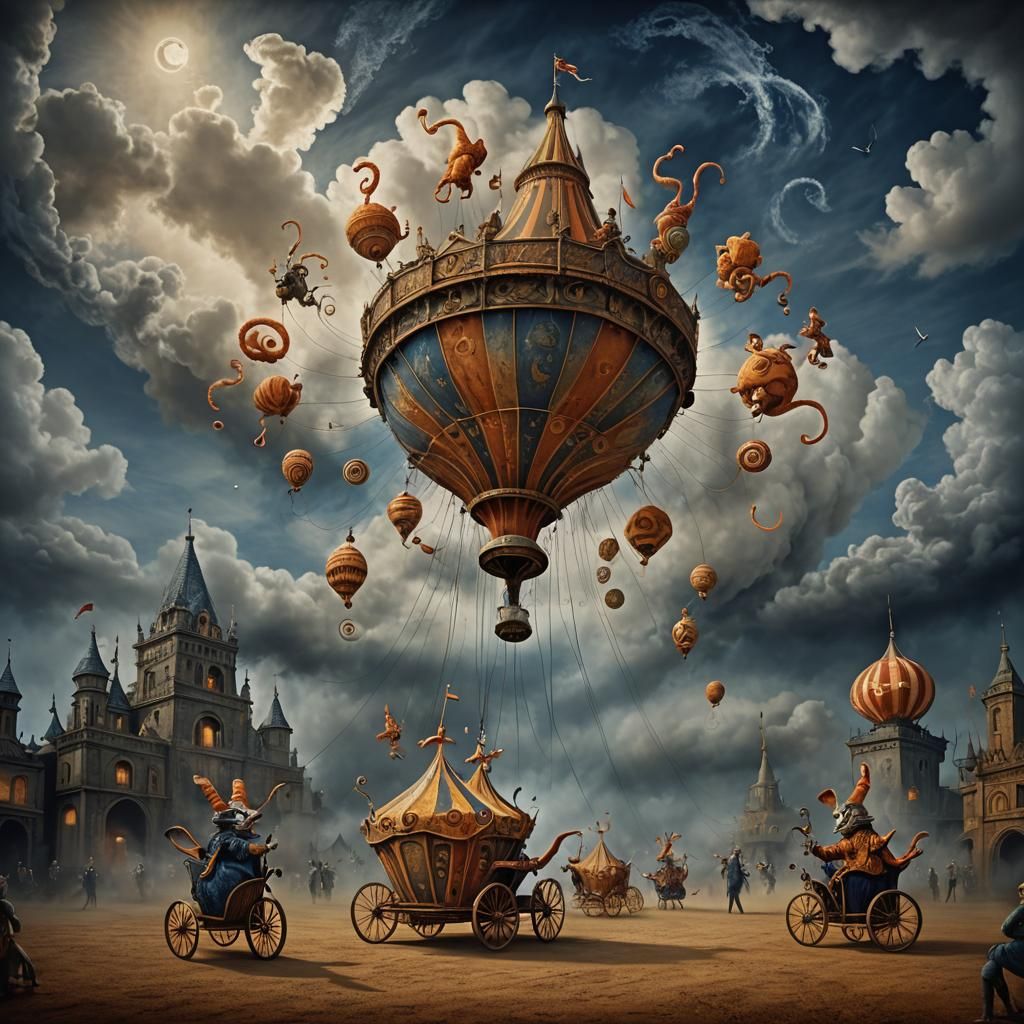 Surreal Circus Performers in Dreamlike Arena