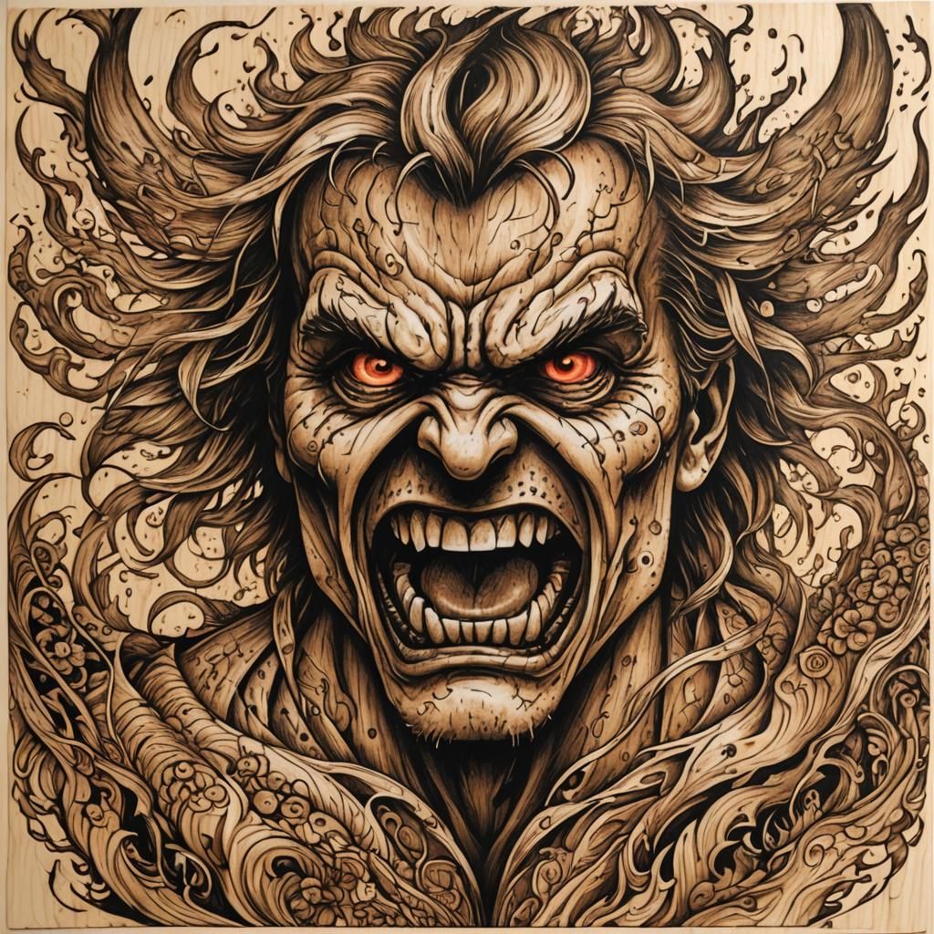 Monochrome Pyrography Art Expressing Anger