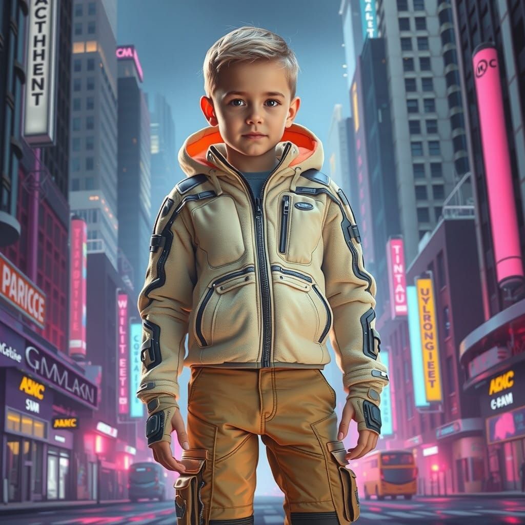 Futuristic Boy in Neon-Lit Cityscape