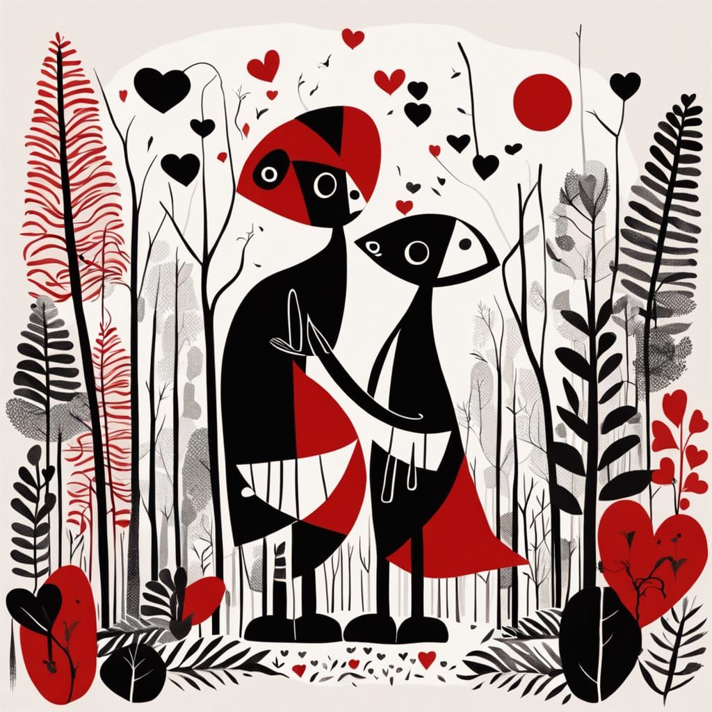 Loving Harlequins in a Whimsical Heart-Shaped Forest