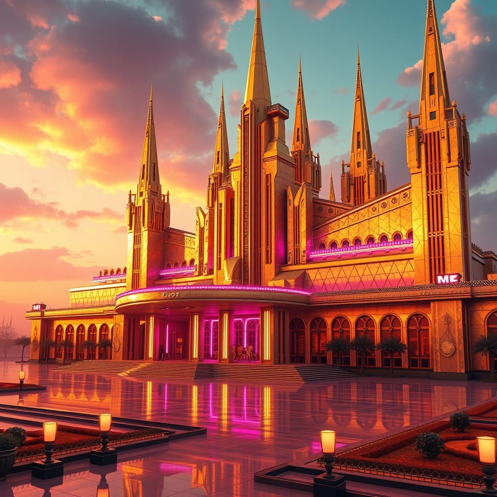 Golden Art Deco Palace Reflecting Neon Skies