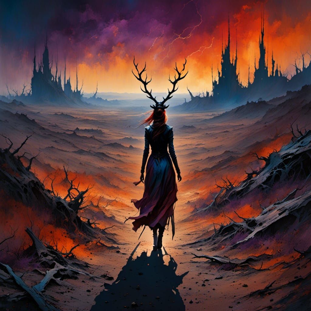 Antlered Girl in Ruined Wasteland: Dark Fantasy Art