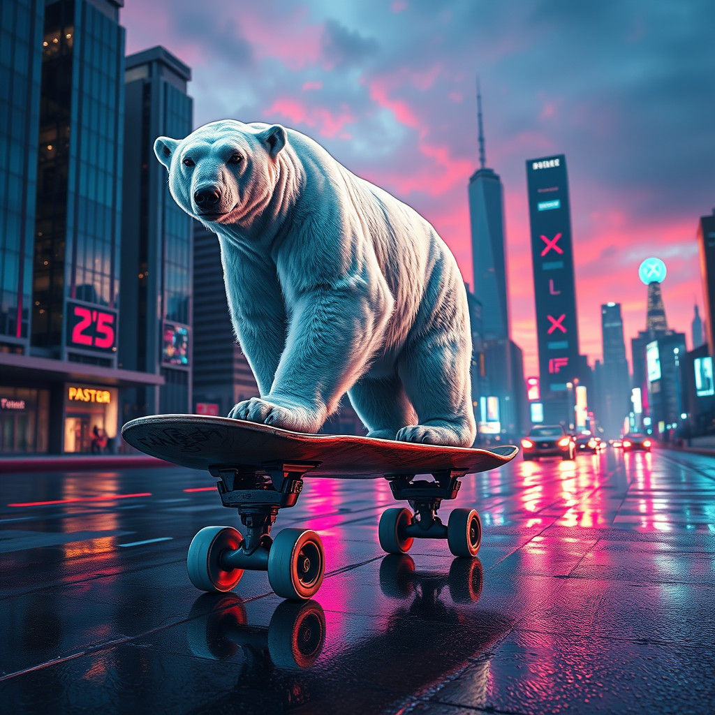 Polar Bear Skateboarding in a Neon Cityscape