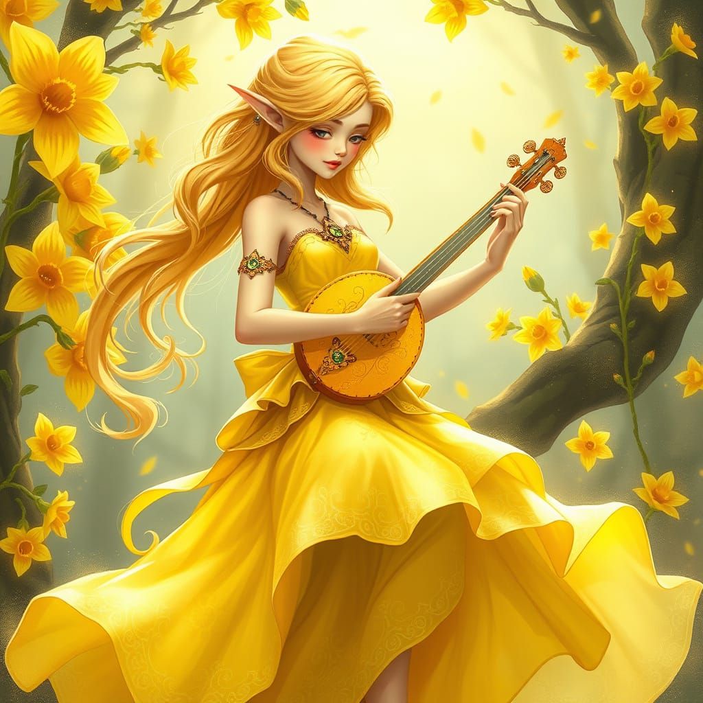 Ethereal Elven Bard in Vibrant Yellow, Inspired by Rainbow B...