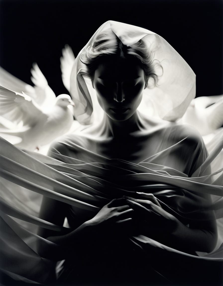 Ethereal Woman with Doves in Dramatic Light