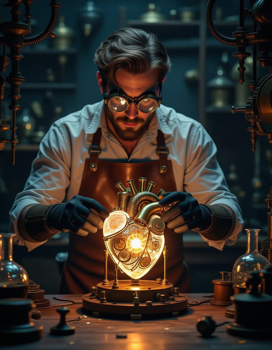 Steampunk Scientist and Mechanical Heart in Laboratory