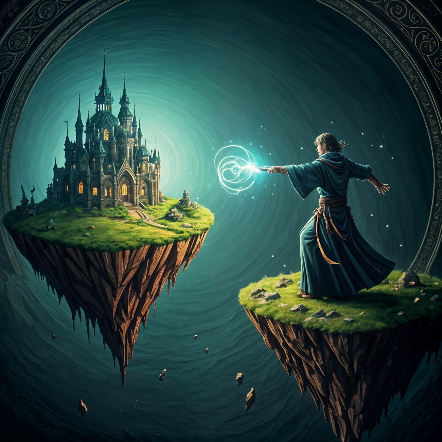 Mage Casting Spell on Floating Island in Cel-Shaded Style