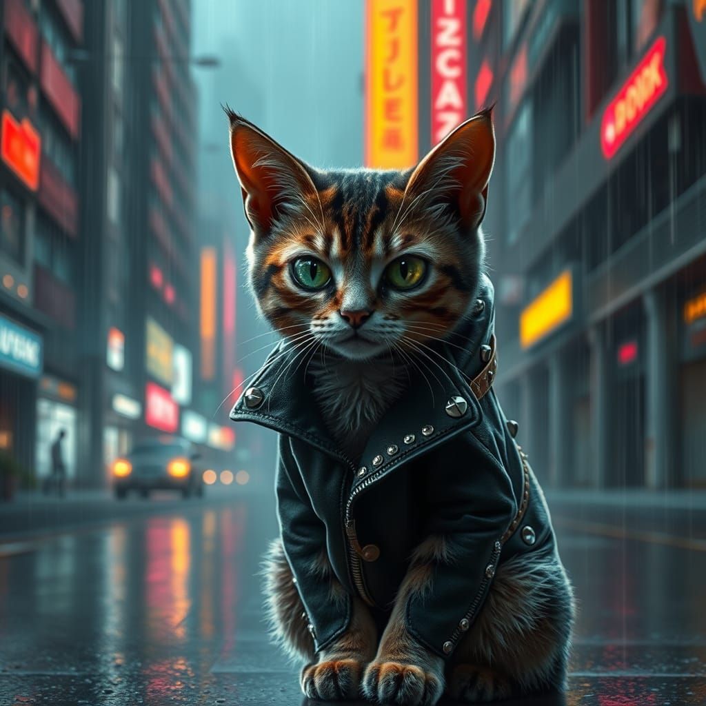 Melancholic Cyberpunk Cat in Rainy Cityscape