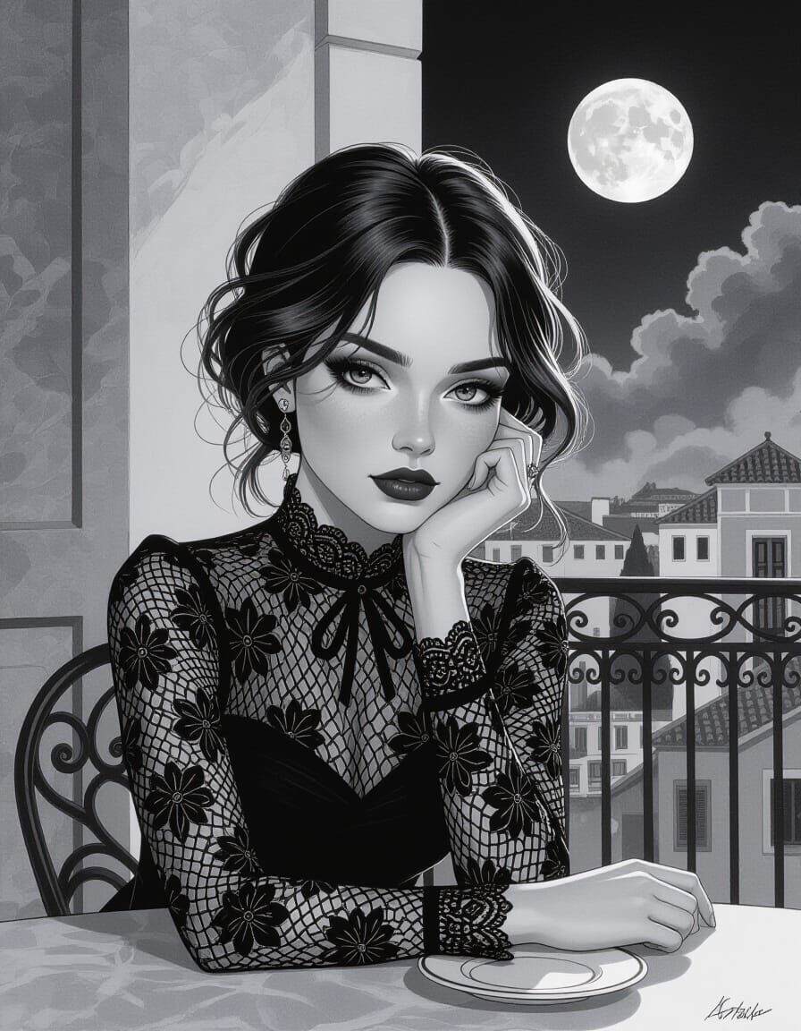 Monochrome Portrait of a Woman in Lace