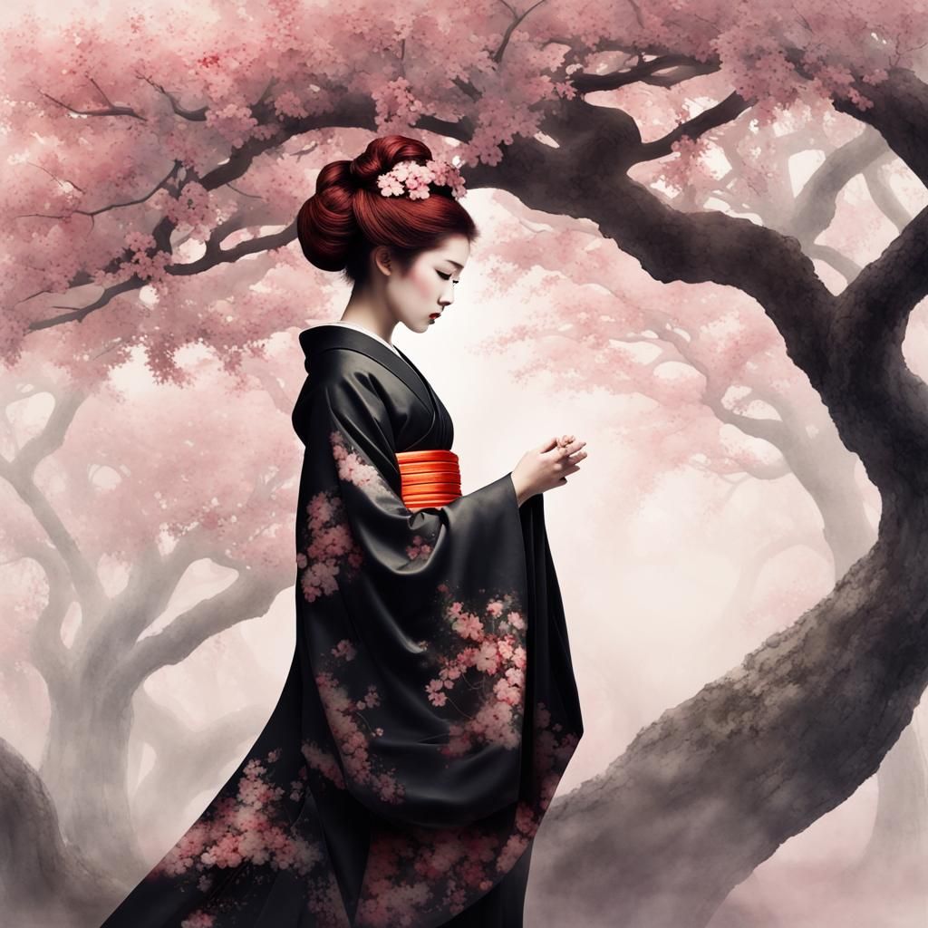 Beautiful Hāfu Geisha in Watercolor Romantic Style