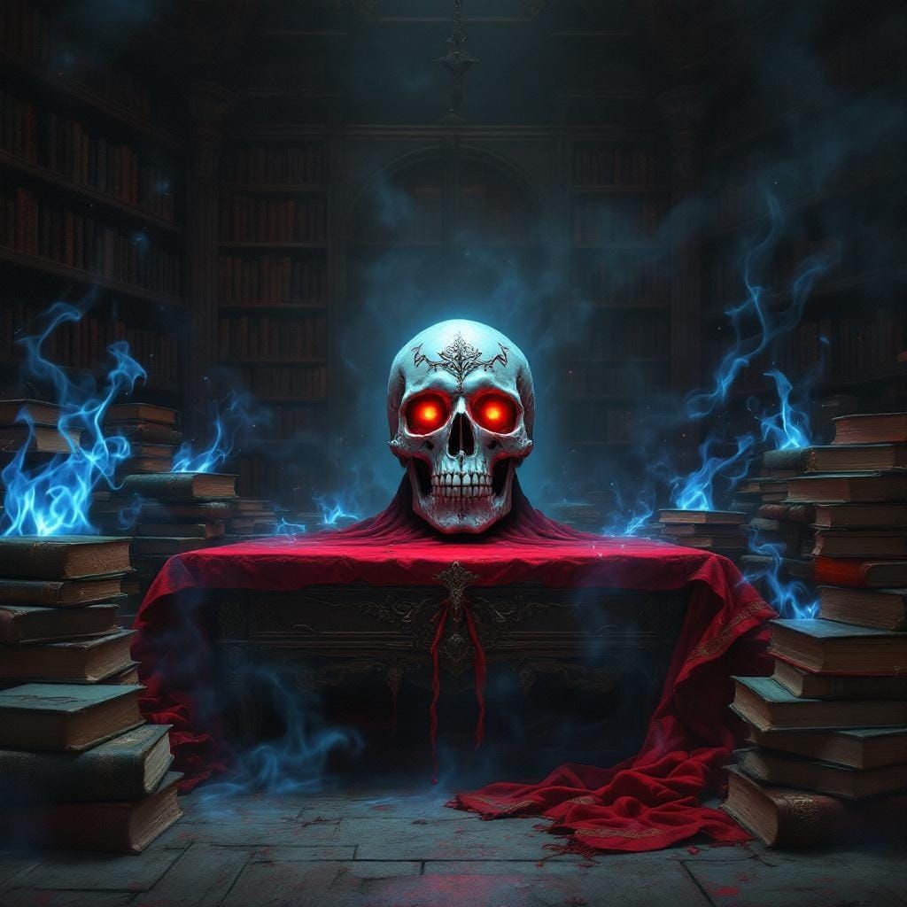 Mystical Library Skull With Glowing Eyes