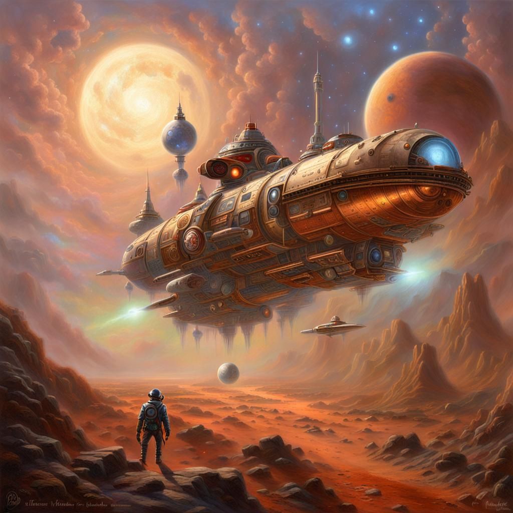 Steampunk Spaceship Approaches Mars in Ethereal Fantasy Styl...