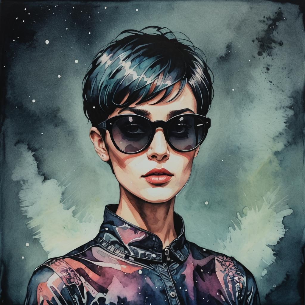 Surreal portrait of a woman with pixie haircut and sunglasses at night. surrealism poster art pop art acrylic art ink dr...