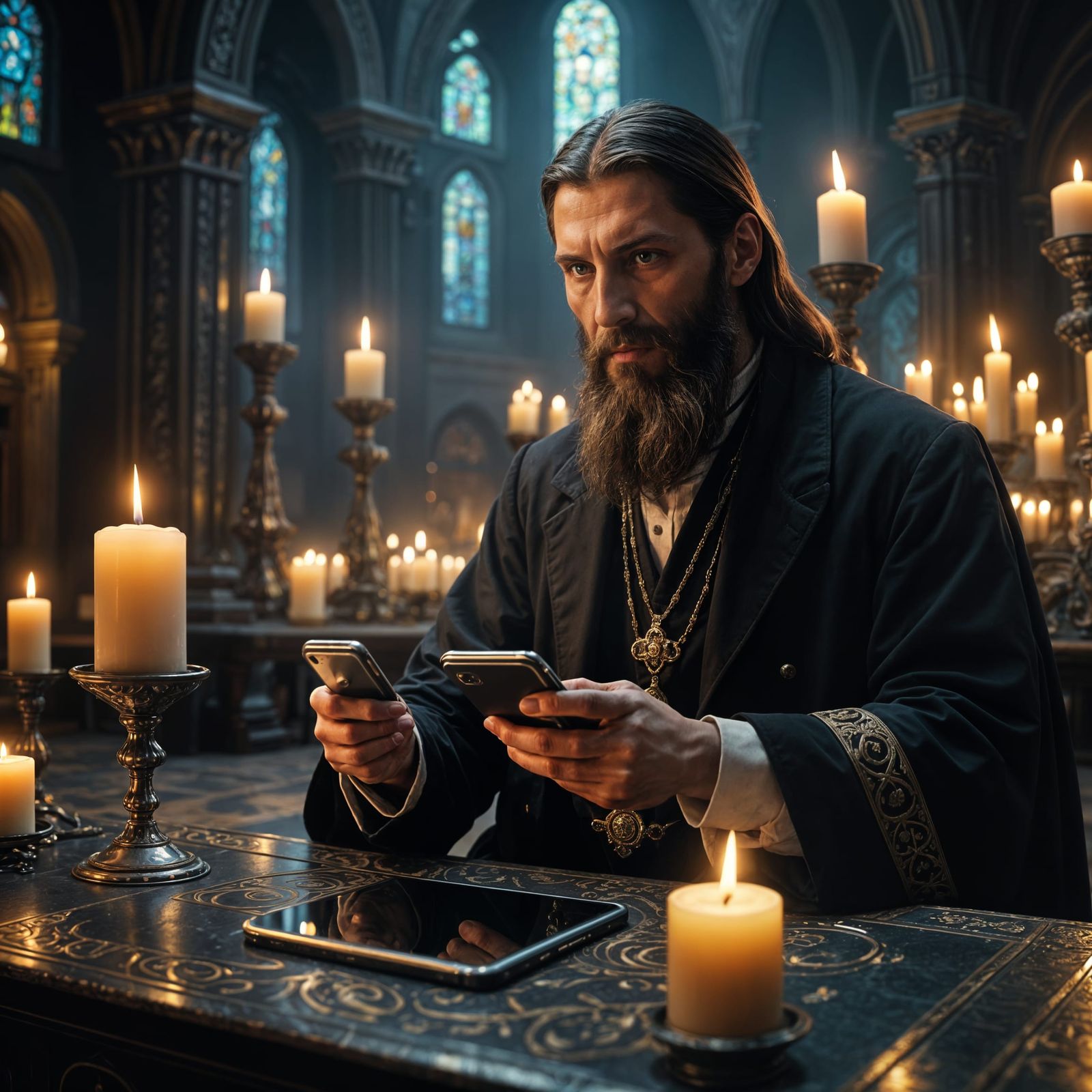 Hyperrealistic Portrait of Rasputin with Smartphone, 8K