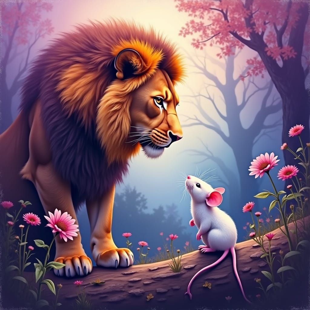 Lion and Mouse in Vibrant Misty Landscape