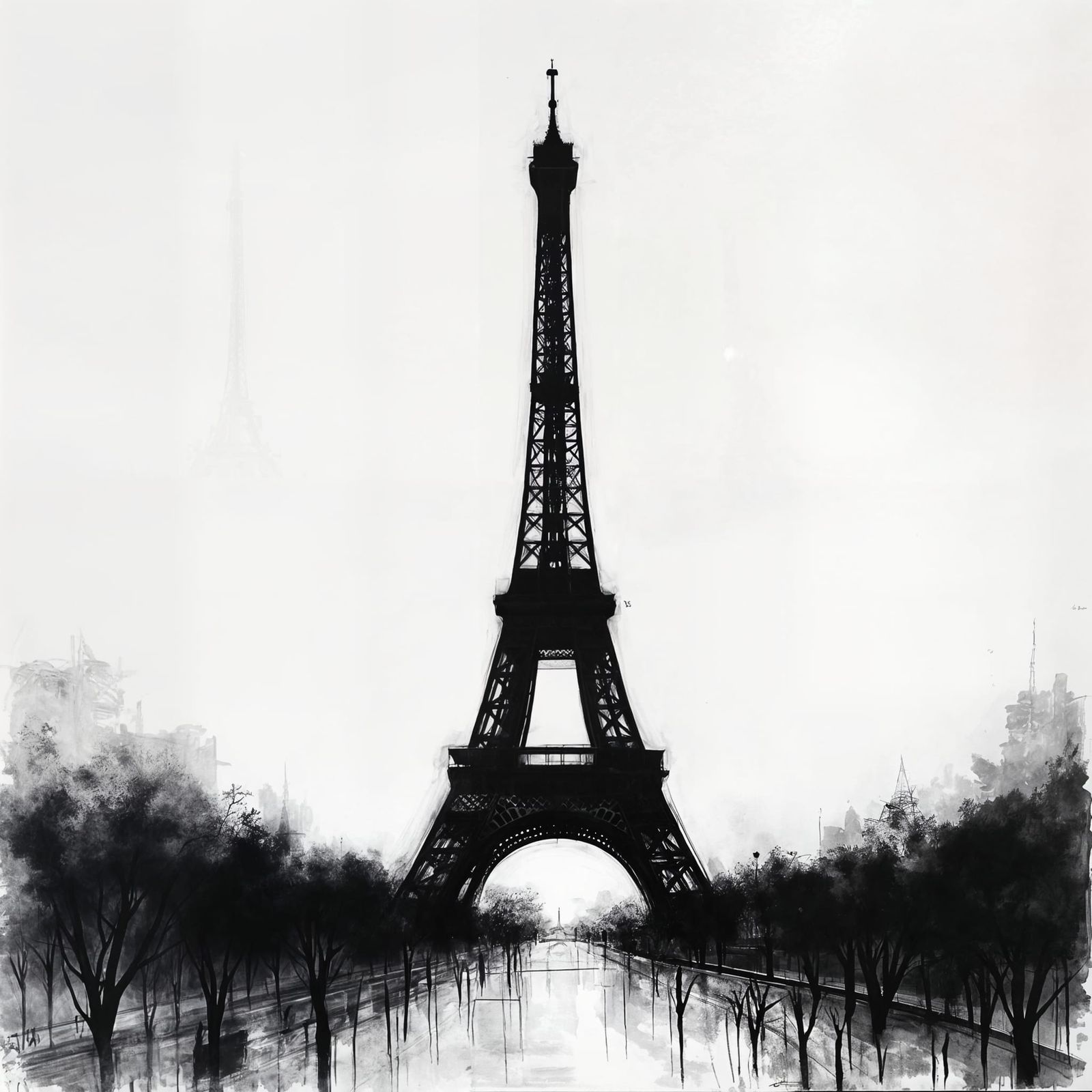 Bold Expressionist Eiffel Tower Pencil Drawing in Black and ...