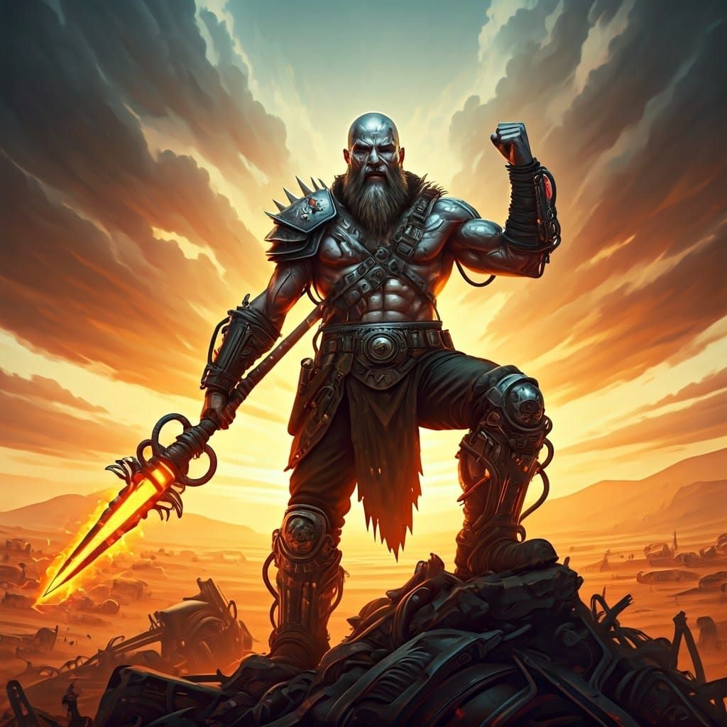 Cyberpunk Warrior on Scrap Heap with Glowing Spear