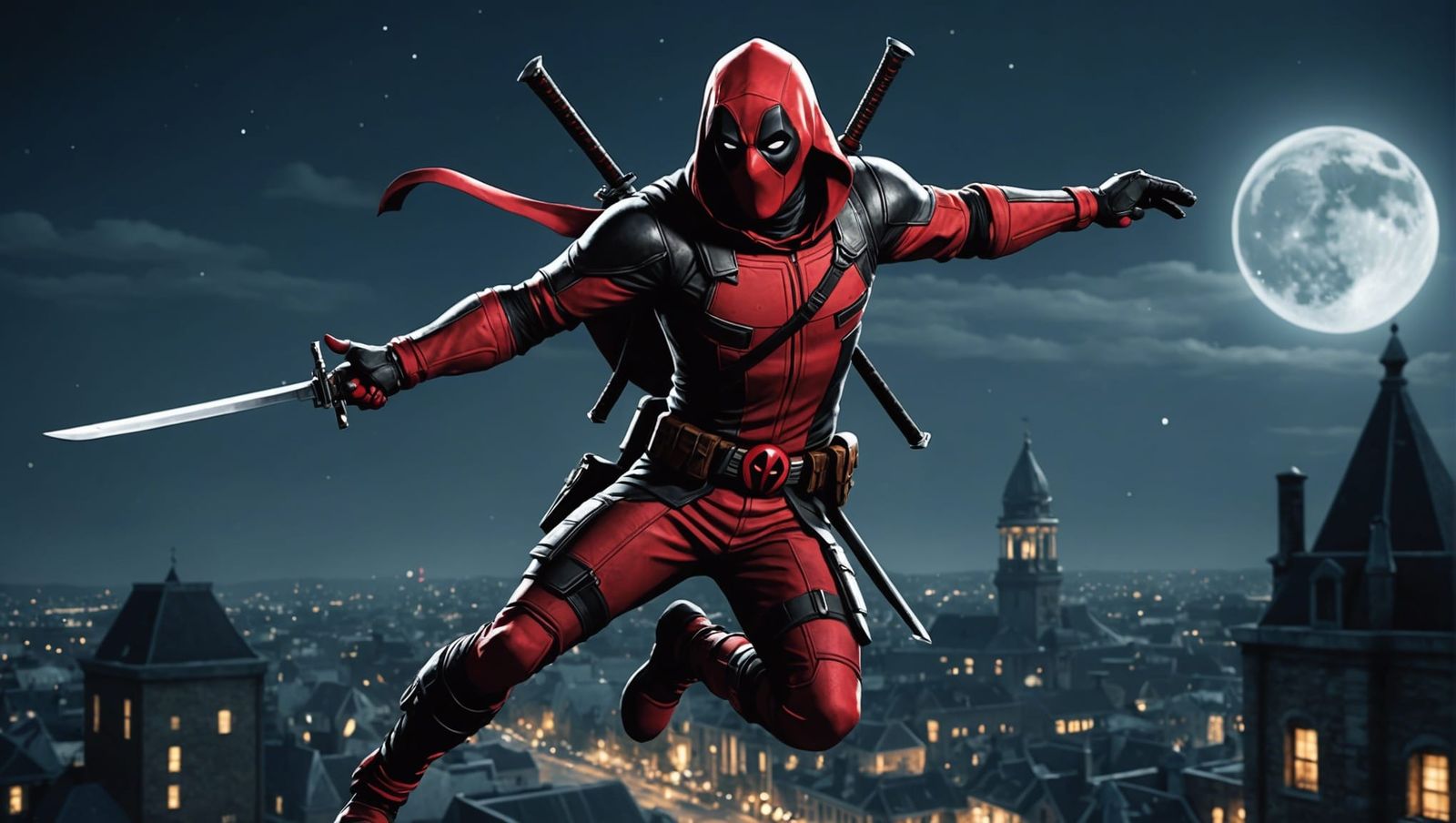 Hooded Deadpool Flies at Night in Assassin's Creed Style