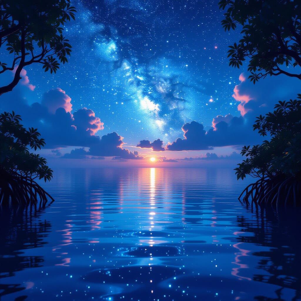 Shimmering Stars Reflected on Ocean Amidst Mangroves