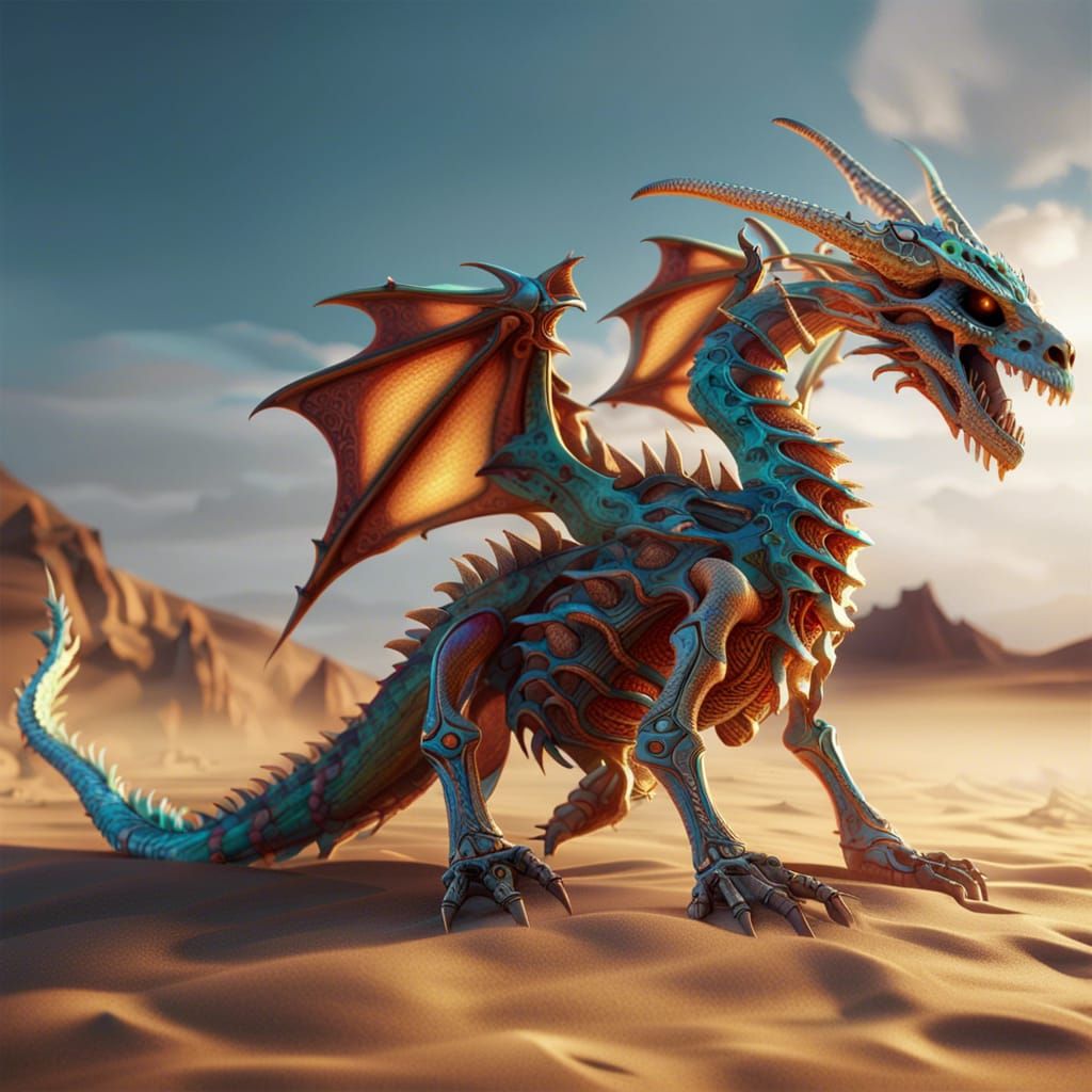 Dragon Skeleton in Desert: Hyperrealistic 8K Art
