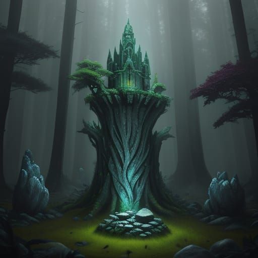 Mysterious Rune Stone in Ethereal Forest Glow