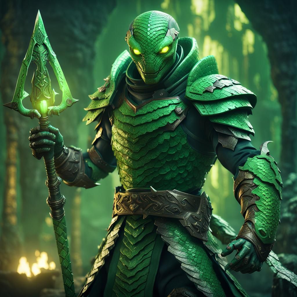 Green Snake Warrior in Fantasy Armor, 3D Render