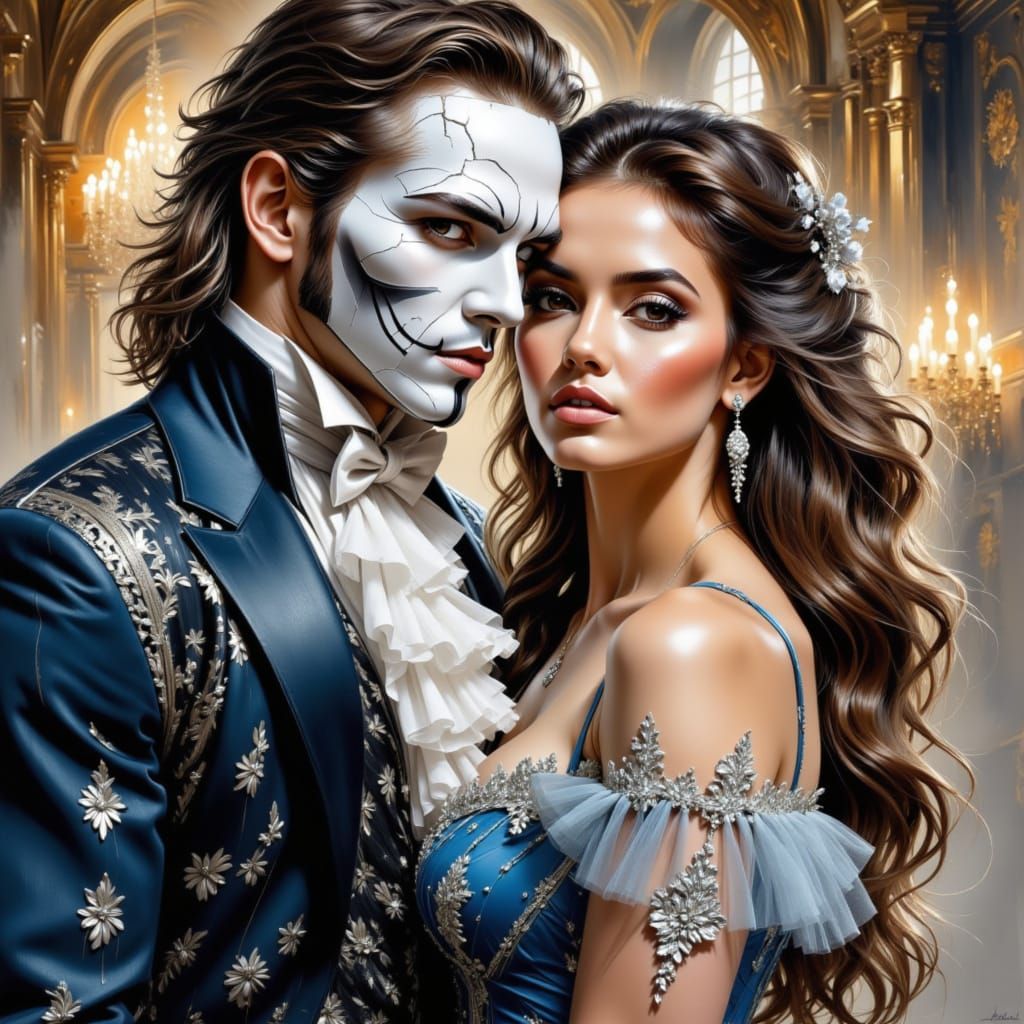 Masked Man Embraces Woman in Opera House, Watercolor Style