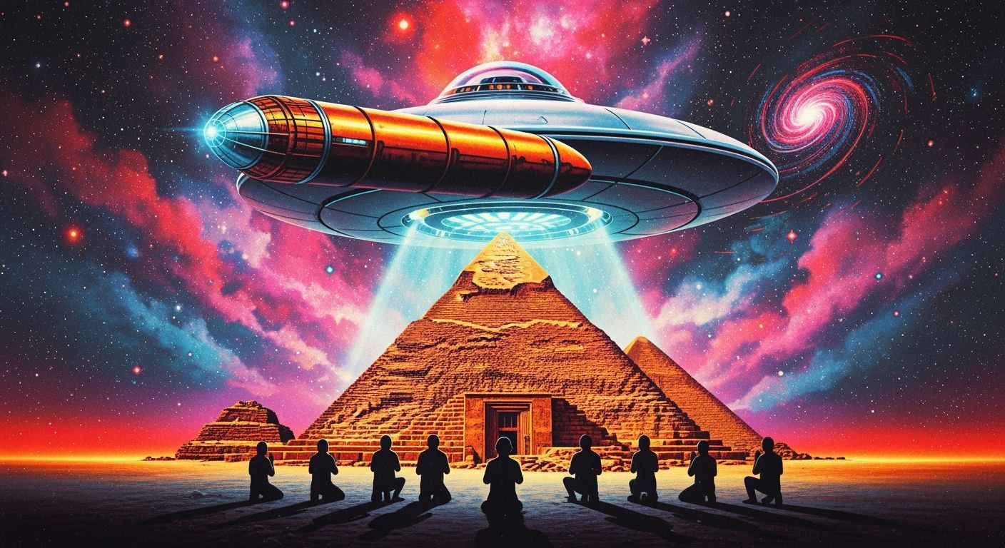 Psychedelic UFO Over Egyptian Pyramid in 70s Album Art Style